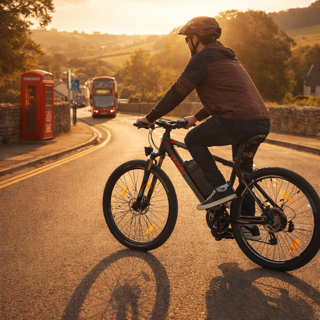 Man wearing helmet riding electric bike on a sunlit street with a red phone booth and double-decker bus in the background