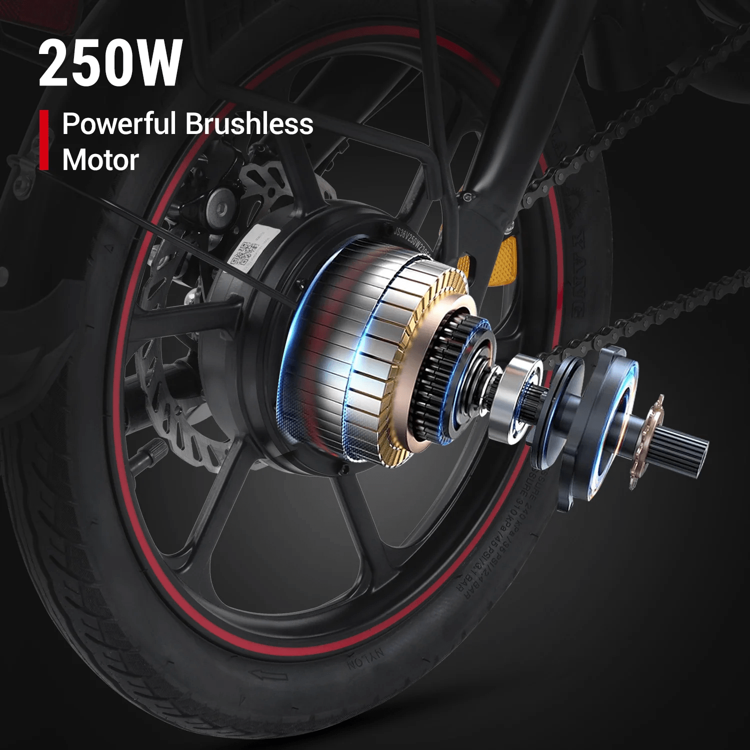 A close-up view of a bike wheel with a 250W powerful brushless motor, showing an exploded diagram of the motor components in front of the wheel. Text reads: “250W Powerful Brushless Motor.”.