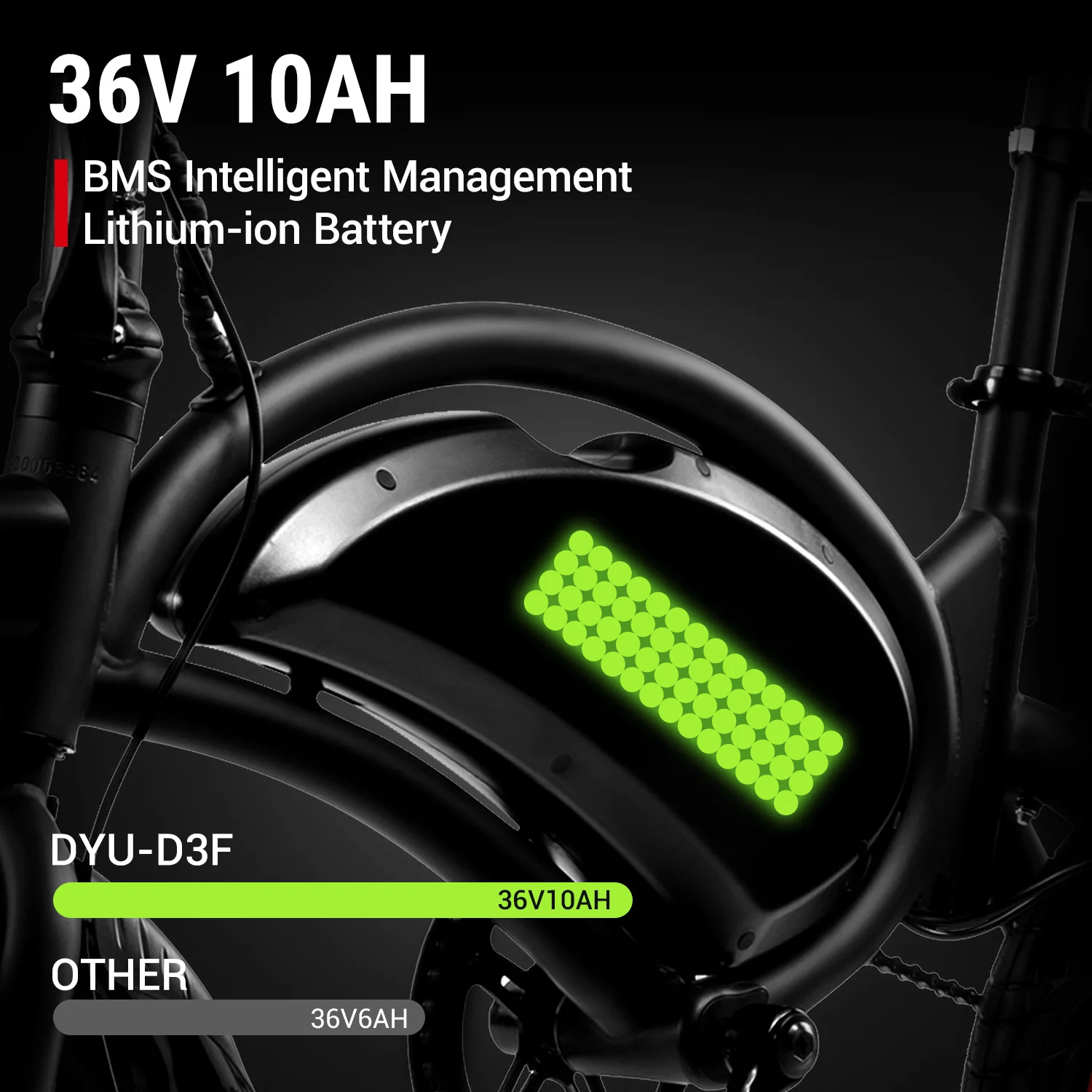 Close-up of an electric bike battery labeled 36V 10AH with green hexagonal pattern, highlighting BMS Intelligent Management Lithium-ion Battery. Comparison shows DYU-D3F has a 36V10AH battery vs. others with 36V6AH.