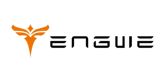 Logo featuring a stylized, orange abstract shape resembling wings or a bird on the left, followed by the text ENGWE in a modern, futuristic black font on a white background.