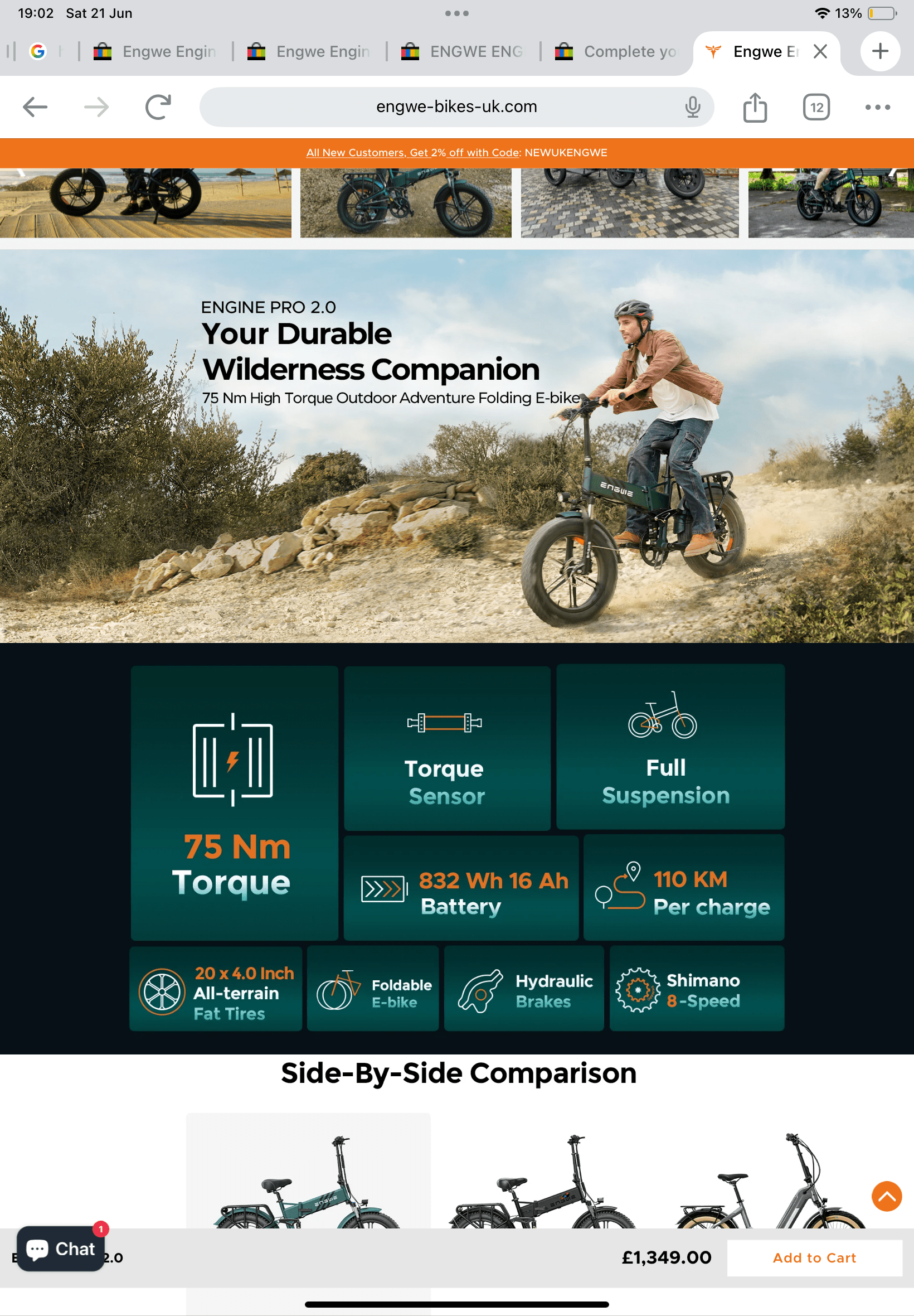 Engwe Engine Pro 2.0 Folding Electric Bike 800W 52V 16Ah