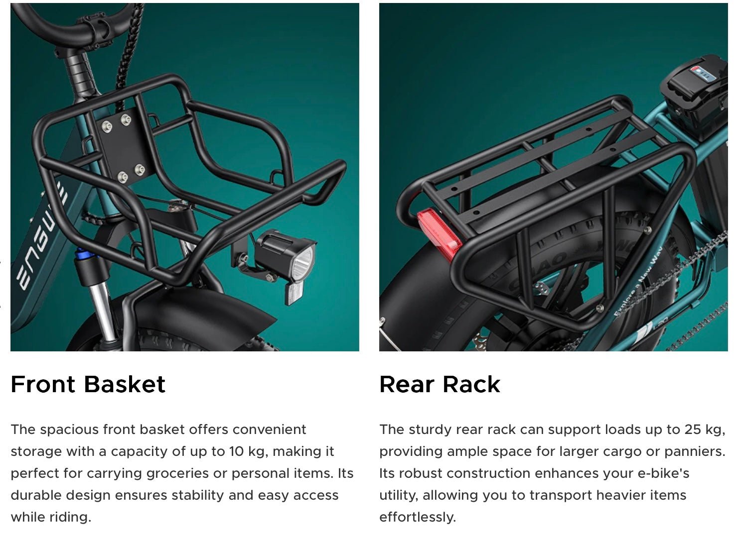 Side-by-side close-up images of a black front basket and a rear rack mounted on an electric bike, highlighting their sturdy metal construction and storage capacity for carrying cargo or groceries.