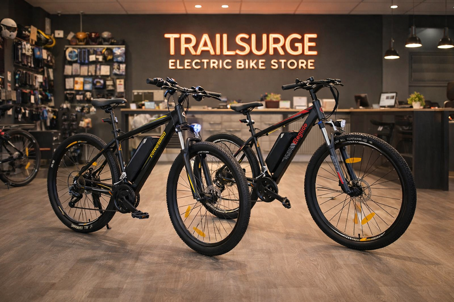 Two black electric mountain bikes displayed inside a modern bike store with wood flooring and illuminated TRAILSURGE sign.