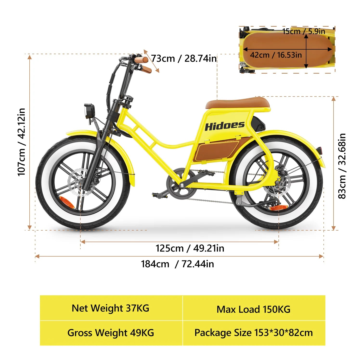 Hidoes C8 20” Fat Tire Elektrische Fiets 48V 17AH dimensions