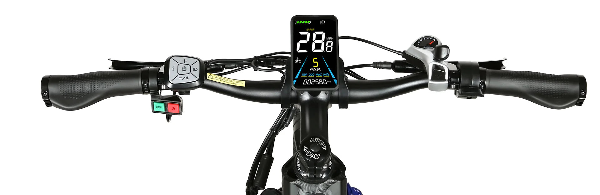 Close-up view of an electric bicycle handlebar showing a digital display screen, control buttons, gear shifter, and brake levers against a white background.