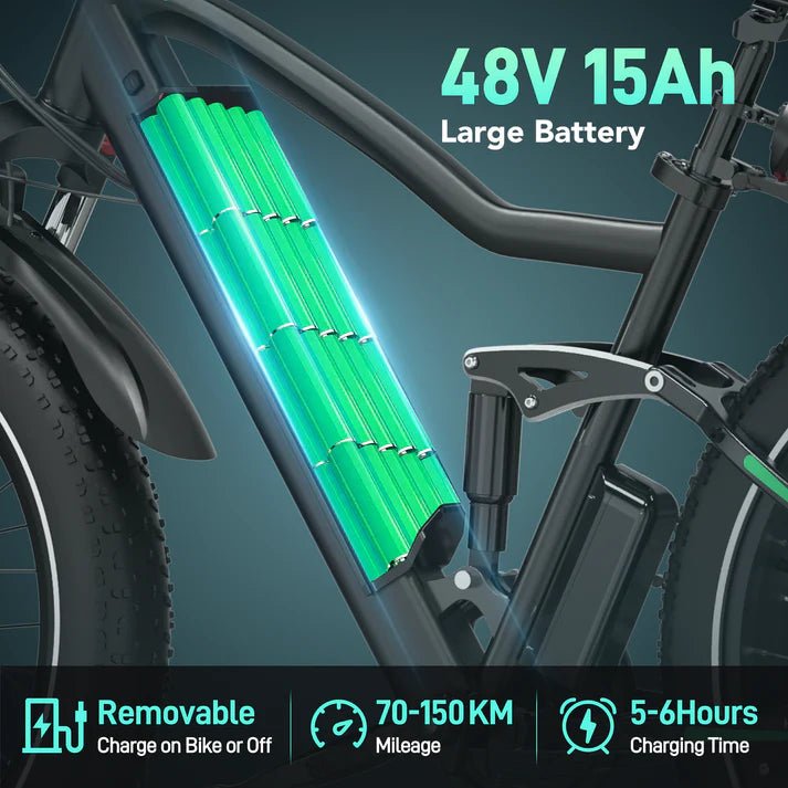 A close-up of an electric bike’s battery compartment highlights a 48V 15Ah large battery, with icons and text showing it is removable, has a 70–150 km range, and takes 5–6 hours to charge.