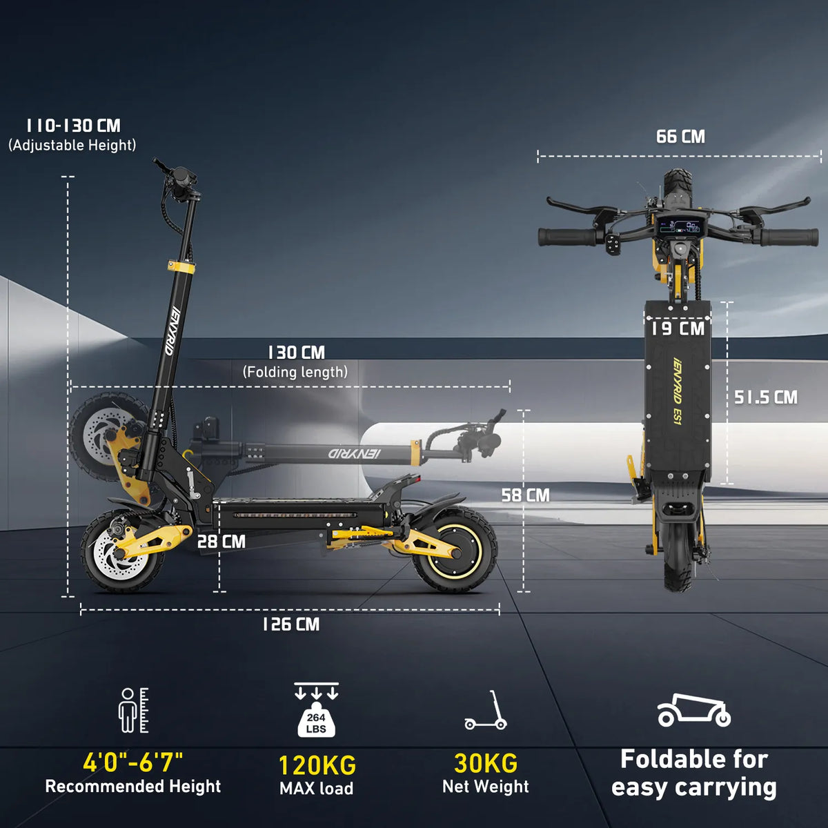 Scooter Électrique Ienyrid Es1 À Double Moteur size and dimensions