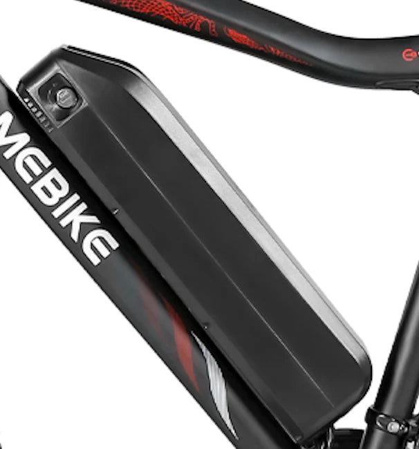 Close-up of a black electric bike battery mounted on the frame of a black e-bike with MEBIKE branding and red and white accents.