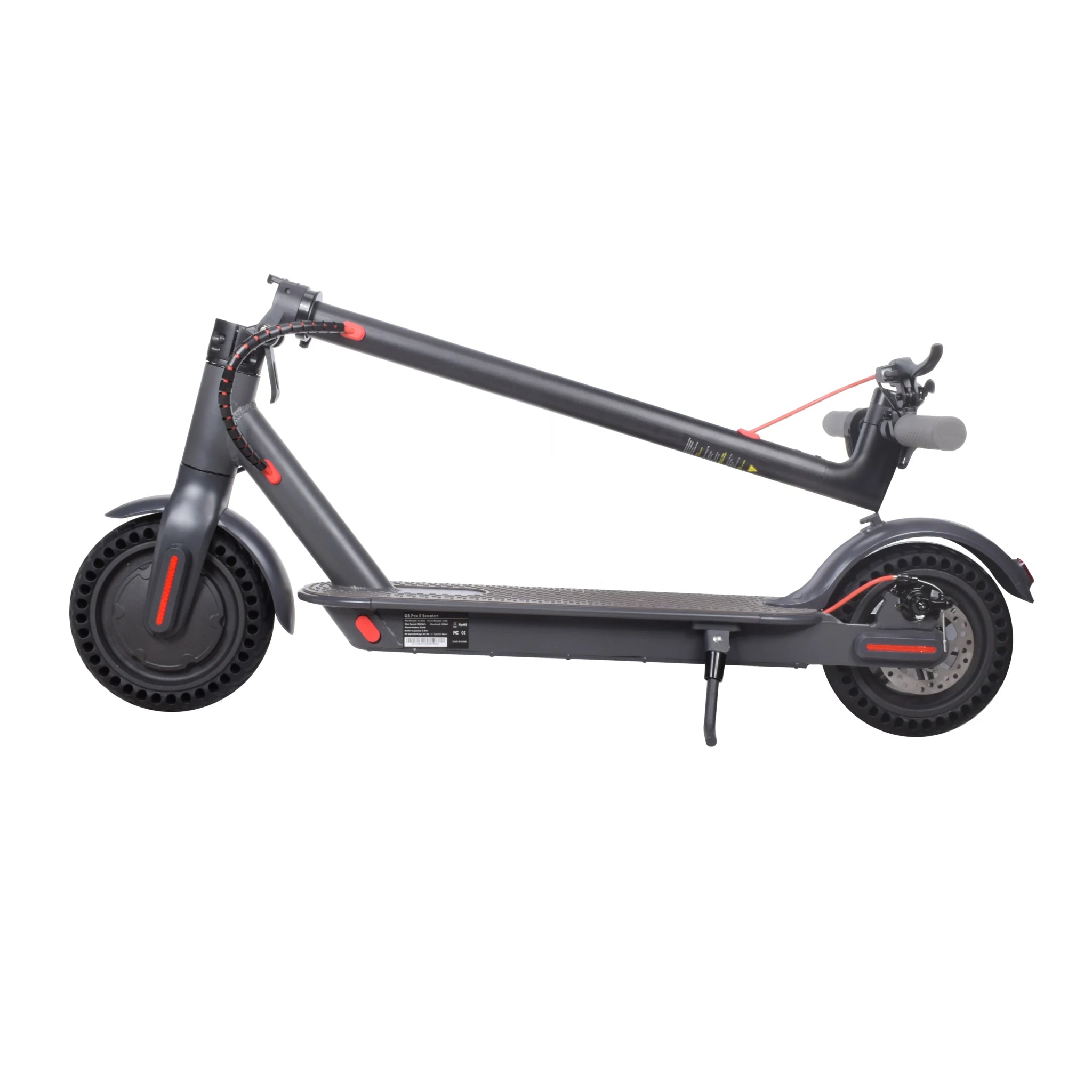 Folded black iWheels D8 Pro electric scooter with solid tires and red accent details on a white background