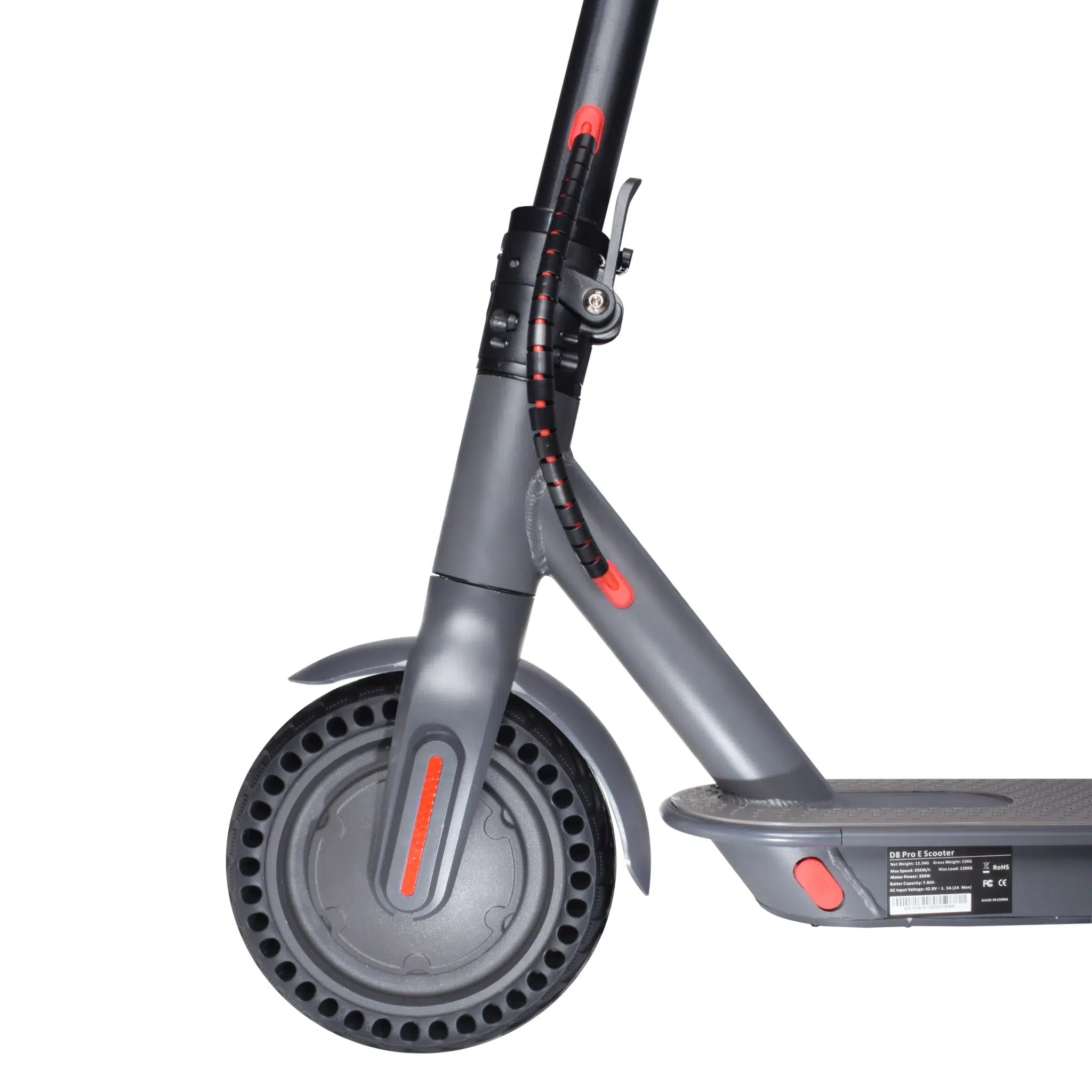 Close-up of the front wheel and base of a gray iWheels D8 Pro electric scooter with red accents on a white background