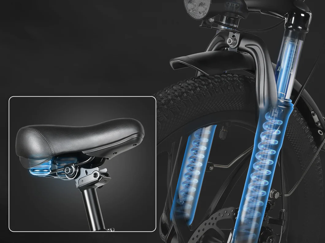 Close-up of a bicycle showing the front suspension fork and a padded seat with a suspension system, both highlighted to emphasize shock absorption features.