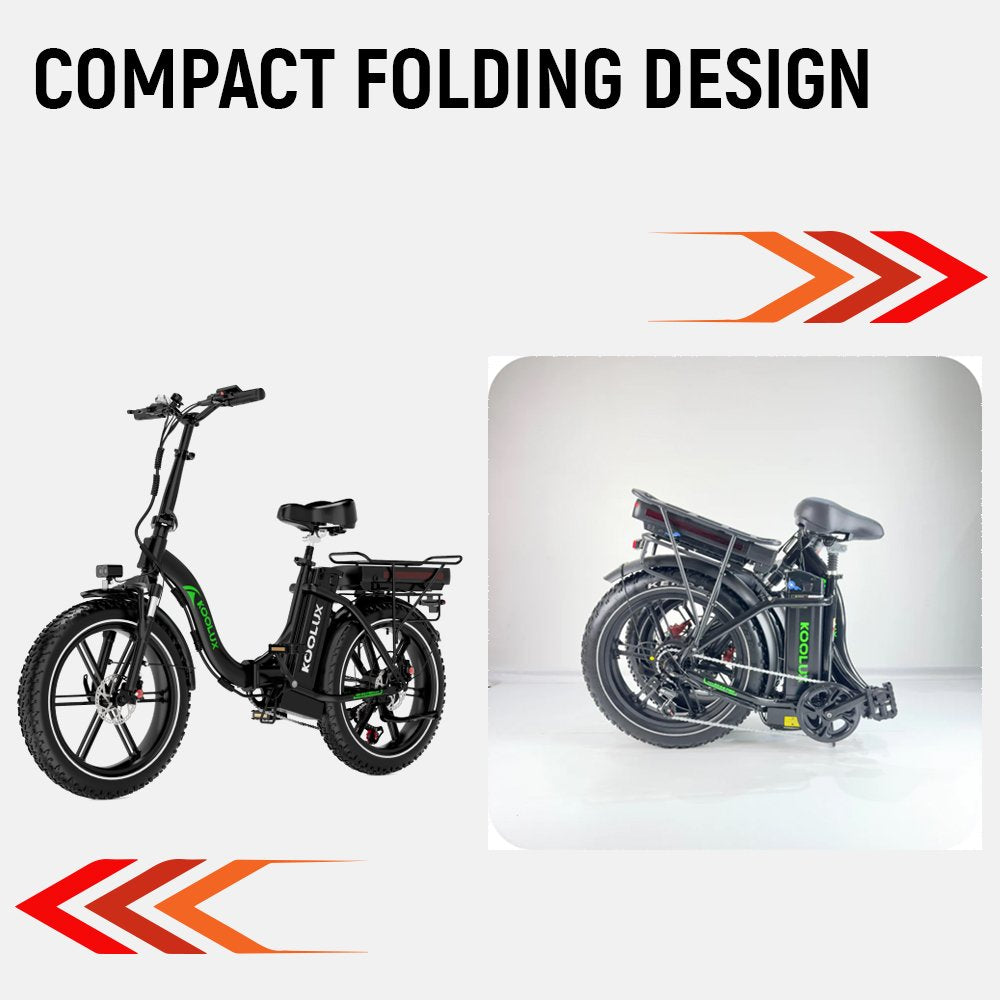 Two images of a black electric bike: one fully assembled and upright, and one folded for compact storage, with text above reading Compact Folding Design and orange-red arrow graphics on the sides.
