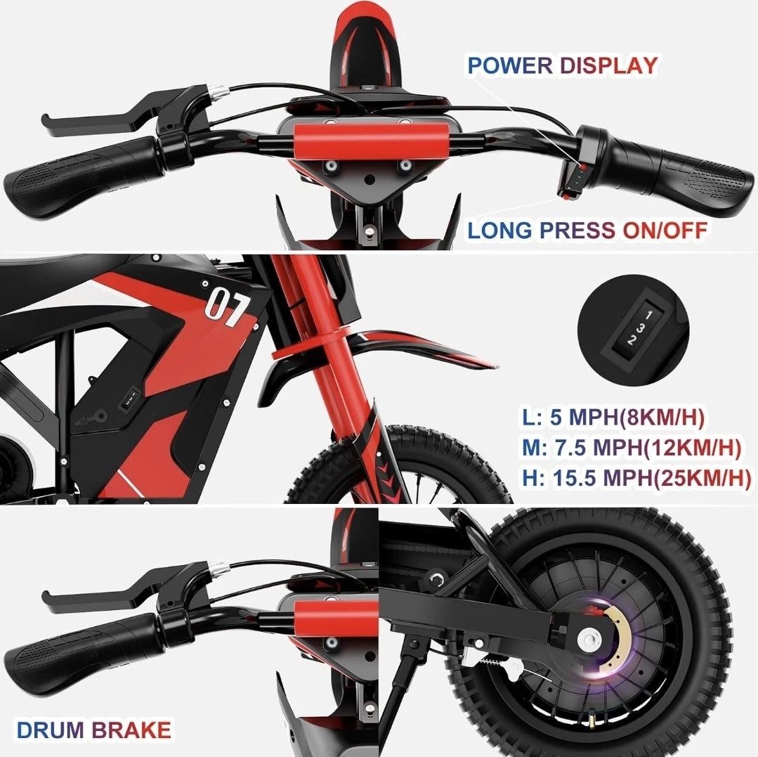 Diagram of a red and black electric bike showing labeled features: power display, long-press on/off button with speed modes (5, 7.5, 15.5 mph), and close-up views of the handlebar and drum brake.