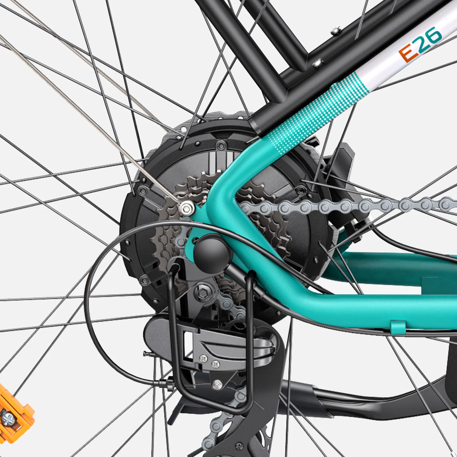 Close-up of a bicycles rear wheel, showing gears, chain, and part of the teal and black frame. The image also features technical components, including an electric motor and a mounting bracket.