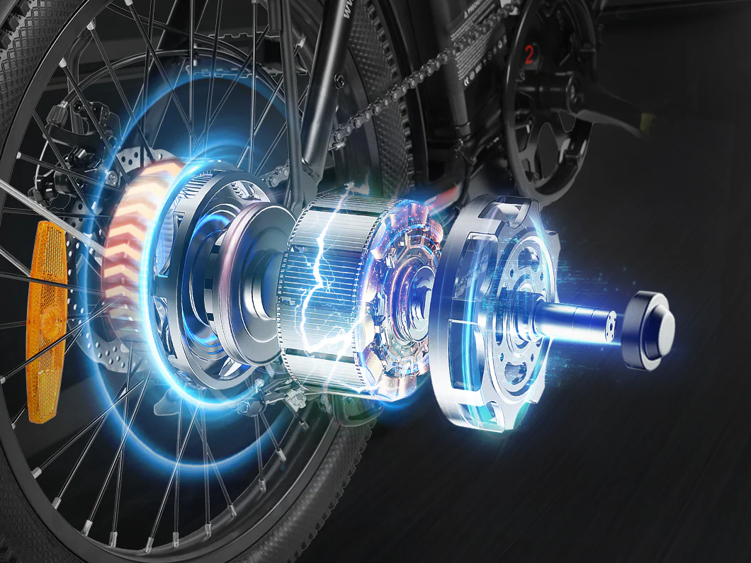 A digital illustration shows an exploded view of an electric bike motor integrated into the rear wheel, revealing internal components including gears, coils, and shafts with glowing blue highlights.