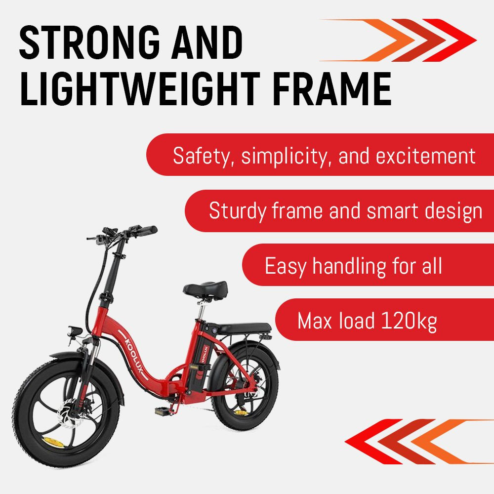 A red electric bicycle is displayed with text describing its features: strong and lightweight frame, safety, simplicity, excitement, sturdy design, easy handling, and a maximum load of 120kg. Orange arrows decorate the image.