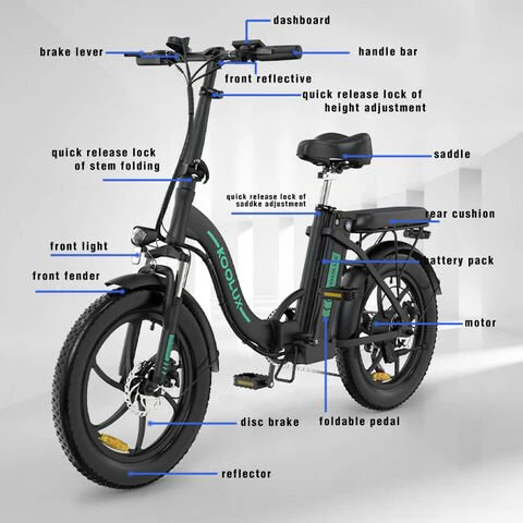 A labeled diagram of an electric bicycle highlights its parts, including the dashboard, handle bar, saddle, battery pack, motor, disc brake, pedals, front light, fender, and quick release locks.