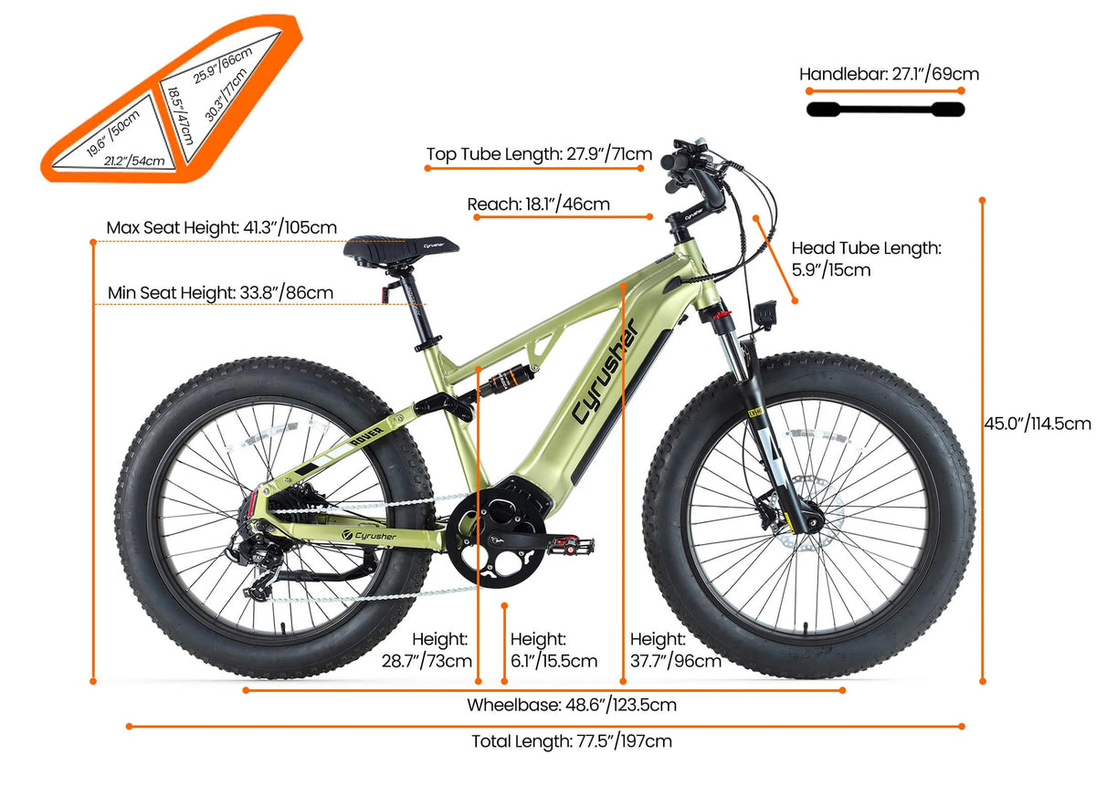 Cyrusher Rover Electric Bike size and dimensions