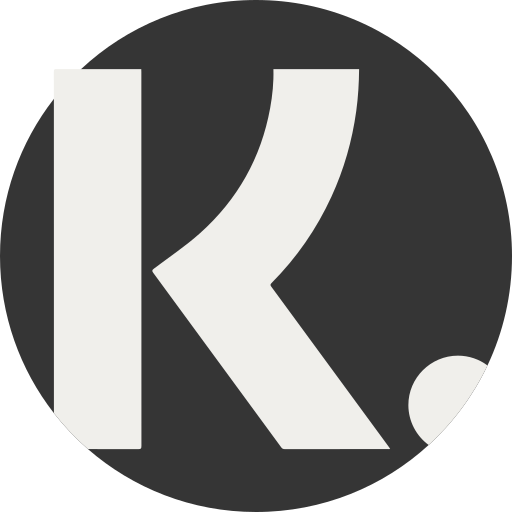 Logo with a stylized letter 'K' on a black background
