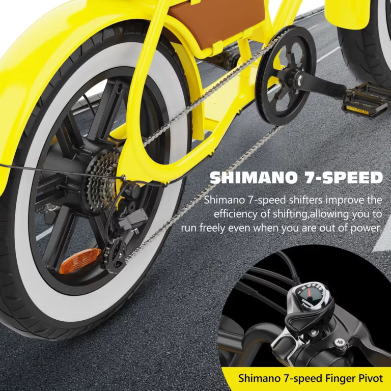 A yellow bicycle’s rear wheel and gear system are shown on a road. There is a close-up inset of a Shimano 7-speed gear shifter, and text highlights the bike’s Shimano 7-speed shifting features.
