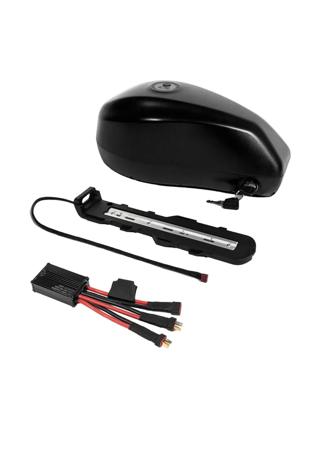 Black motorcycle fuel tank with wiring harness on a white background