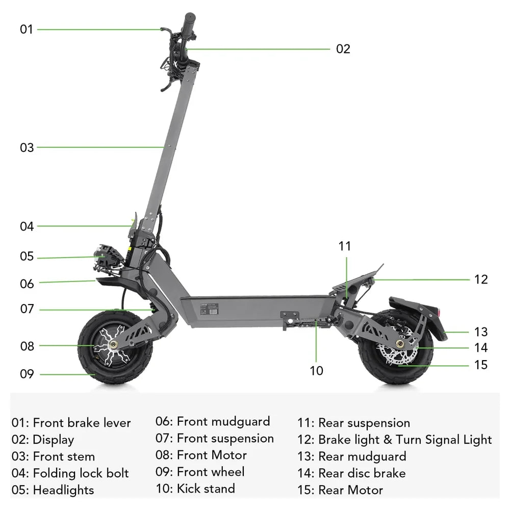 VIPCOO VS9 elektrische scooter met dubbele motor size and dimensions
