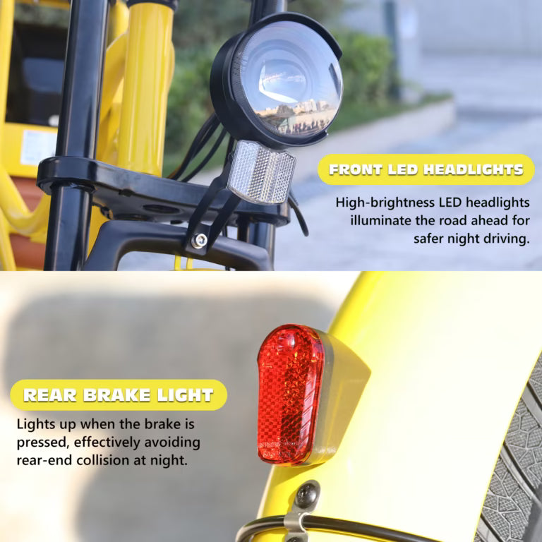 A close-up of a vehicles LED headlight (top) and rear brake light (bottom), with text highlighting their functions for safer night driving and preventing rear-end collisions.