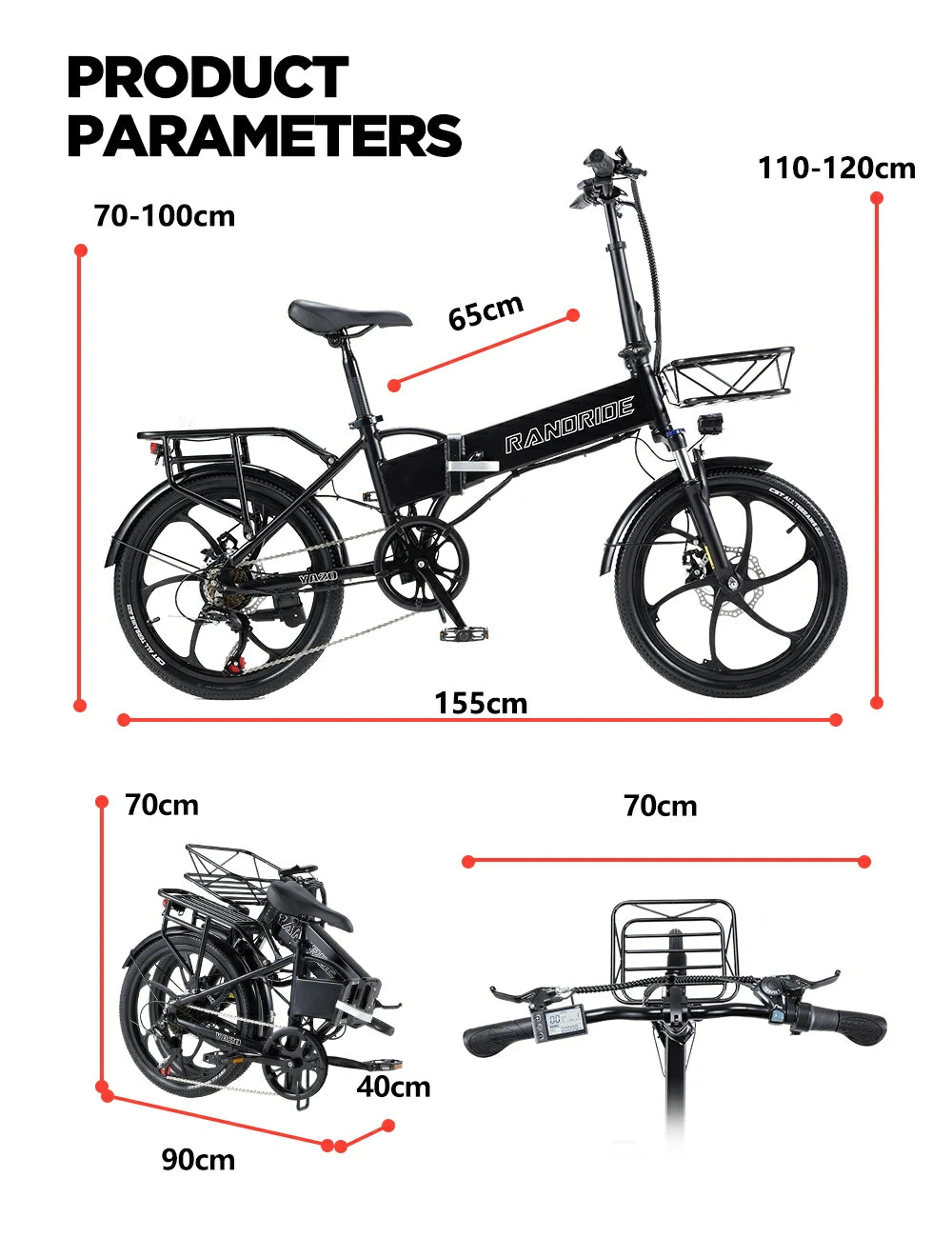 RANDRIDE YA20 black – riding and folded dimensions