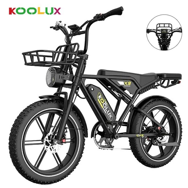 A black KOOLUX electric bicycle with thick tires, front and rear cargo racks, a headlight, and a visible battery pack on the frame. The bike is viewed at an angle with a small circular inset showing the front view.
