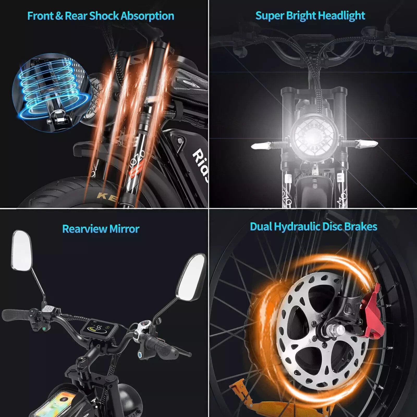 A collage shows features of an electric bike: front and rear shock absorption, a super bright headlight, a handlebar with rearview mirrors and a phone holder, and a close-up of dual hydraulic disc brakes.