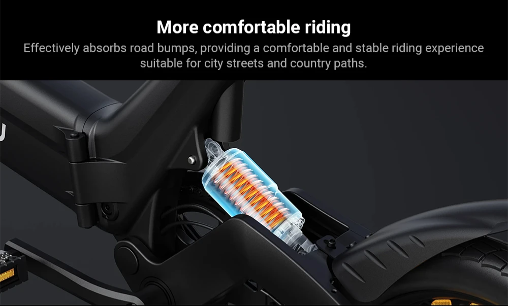 Close-up of a bikes suspension system with a highlighted coil spring, under text describing its ability to absorb road bumps for more comfortable and stable city or country rides.