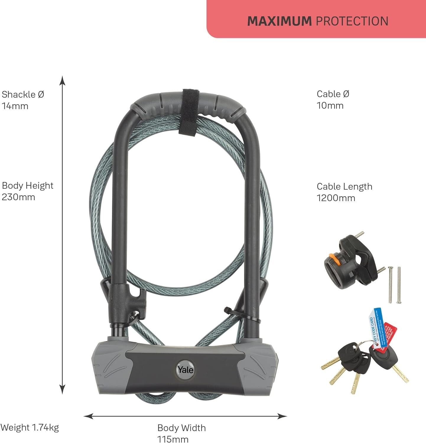 Yale Maximum Security U Bike Lock with Cable (Sold Secure Diamond) Gewage