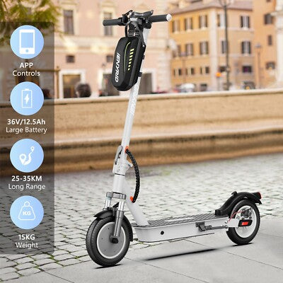 A modern electric scooter is parked on a paved sidewalk in a city square. Overlay icons highlight its app controls, 36V/12.5Ah battery, 25–35 km range, and 15 kg weight. Buildings are visible in the background.