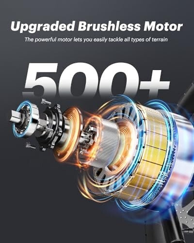 A dynamic graphic of an upgraded brushless motor with glowing effects, gears, and coils, alongside bold text reading Upgraded Brushless Motor and 500+ on a dark background.