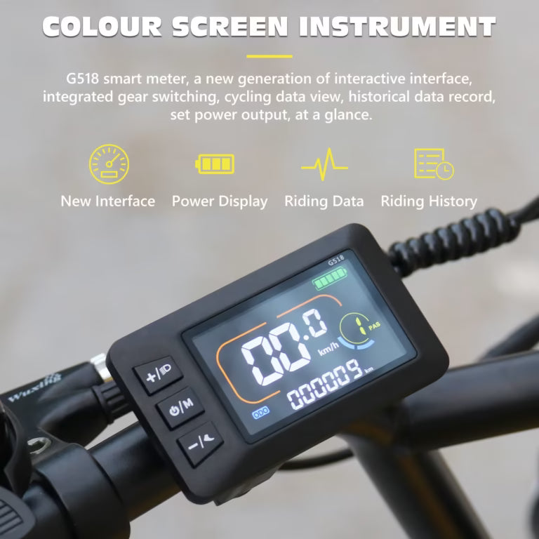 A close-up of a digital bike display shows speed, battery, and distance data. The screen is attached to handlebars, with icons and text above highlighting features like new interface and riding history.