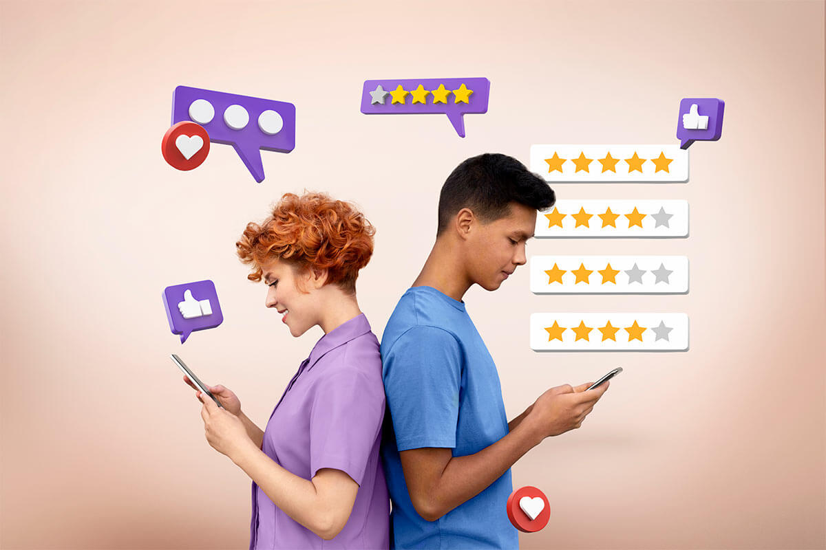 Young man and woman standing back to back using smartphones with social media rating and like icons around them
