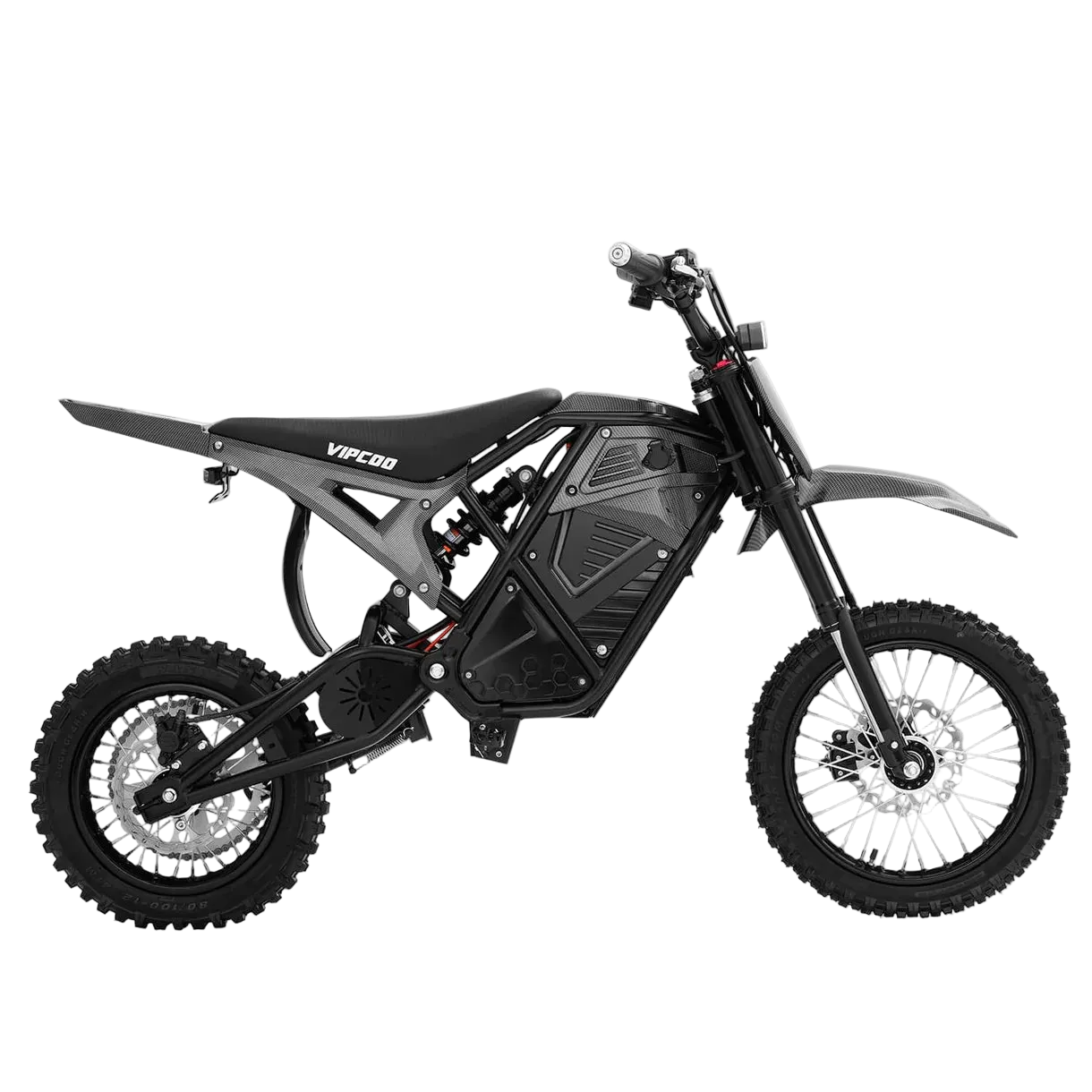 Side view of a black Vipcoo H3 Electric Dirt Bike, featuring rugged tires, full suspension, and "Vipcoo" branding on the seat and battery area, ideal for off-road trails or adventure riding.