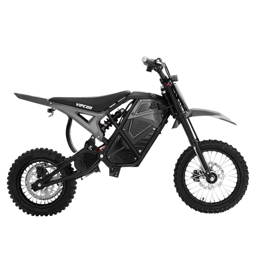 Side view of a black Vipcoo H3 Electric Dirt Bike, featuring rugged tires, full suspension, and "Vipcoo" branding on the seat and battery area, ideal for off-road trails or adventure riding.