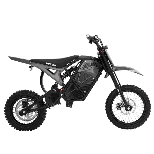 Side view of a black Vipcoo H3 Electric Dirt Bike, featuring rugged tires, full suspension, and "Vipcoo" branding on the seat and battery area, ideal for off-road trails or adventure riding.