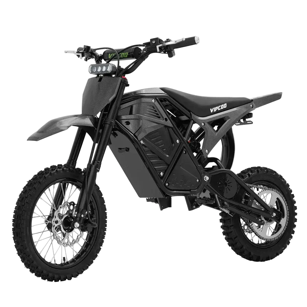 The VIPCOO H3 Electric Dirt Bike by Vipcoo is shown from the side, featuring a black frame, knobby tires, full suspension, angular panels, minimal seat, LED headlight, exposed frame, and Vipcoo branding.